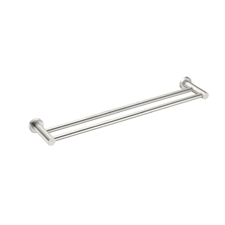 Nero Mecca double towel rail 600mm in brushed nickel, with two parallel bars and round wall mounts