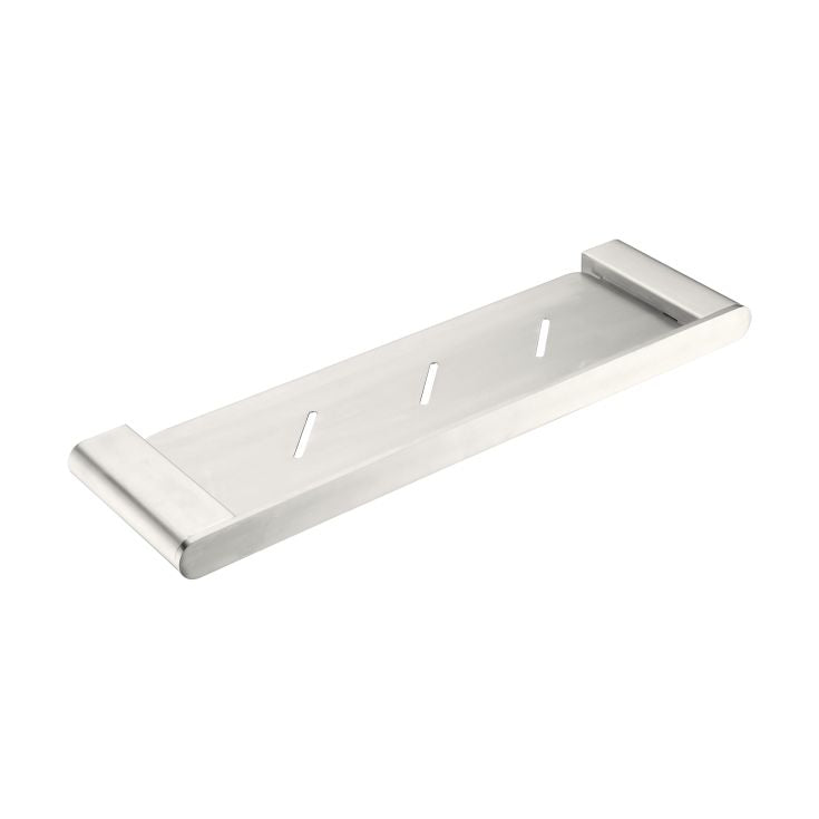 Nero Bianca shower shelf in brushed nickel, rectangular stainless steel bathroom shelf with slotted drainage holes