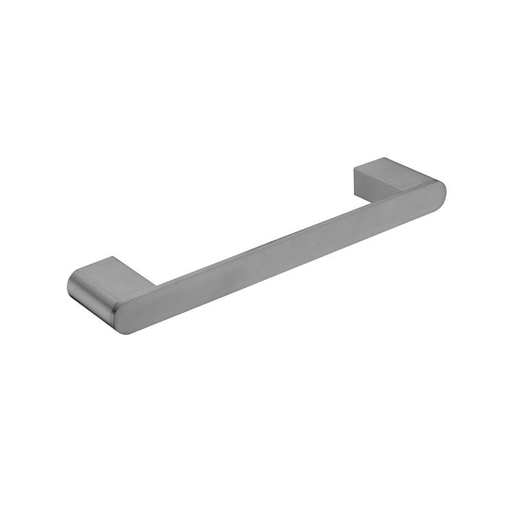 Nero Bianca gun metal hand towel rail with slim rectangular bar and rounded wall mounts on white background