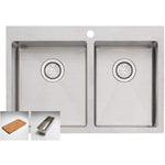 Oliveri Apollo stainless steel 1 and 3/4 bowl kitchen sink, top view with taphole, bamboo board and colander inset thumbnails