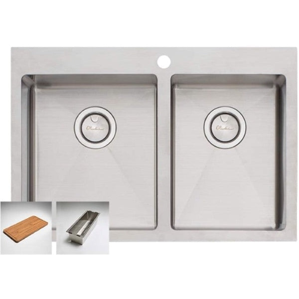 Oliveri Apollo stainless steel 1 and 3/4 bowl kitchen sink, top view with taphole, bamboo board and colander inset thumbnails