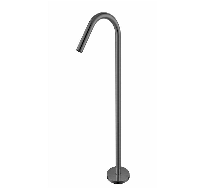 Nero Mecca Bianca floor standing bath spout in gun metal, minimalist curved floor-mounted tap on round base