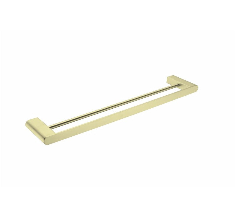 Nero Bianca double towel rail in brushed gold, slim rectangular 600mm bathroom accessory on white background