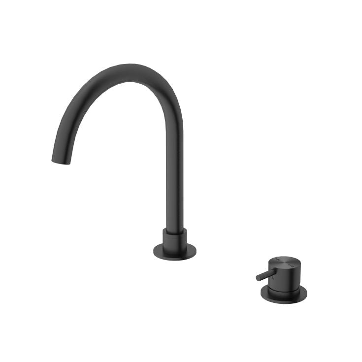 Nero Mecca gun metal basin mixer with round swivel spout and matching tap handle on white background