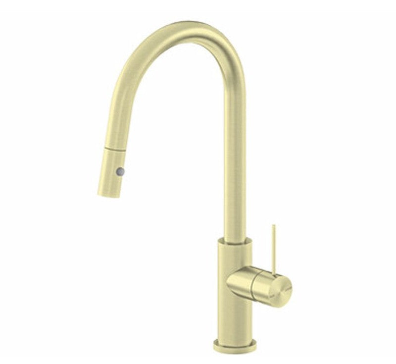 Nero Mecca pull out sink mixer in brushed gold, with curved gooseneck spout and side lever on white background