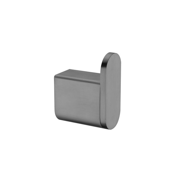 Nero Bianca robe hook in gun metal grey, modern wall-mounted bathroom accessory with oval backplate and square profile