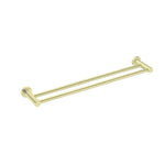 Nero Mecca double towel rail 600mm in brushed gold, dual-bar wall-mounted bathroom accessory on white background