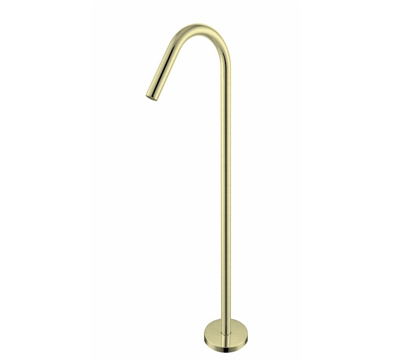 Nero Mecca Bianca floor-standing bath spout in brushed gold, slim curved brass tap with round base on white background