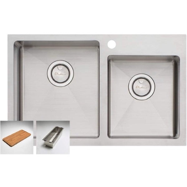 Oliveri Apollo stainless steel 1 & 3/4 offset bowl kitchen sink with 1 tap hole, top view, includes bamboo board and colander