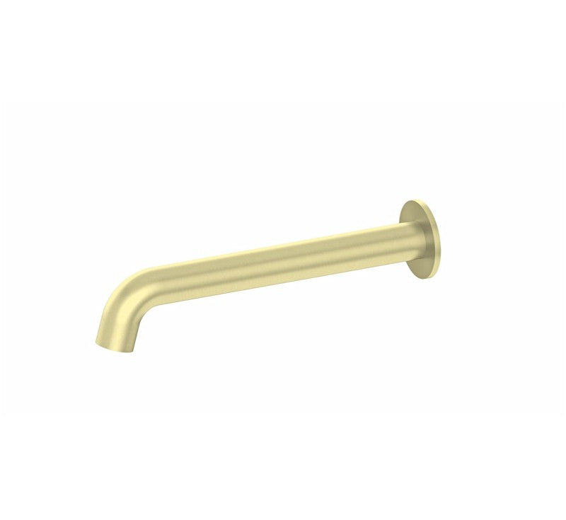 Nero Mecca wall-mounted basin/bath spout in brushed gold, straight 160mm brass outlet with rounded bend