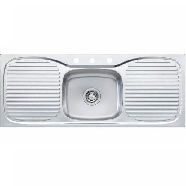 Oliveri Ultraform stainless steel topmount kitchen sink with single bowl and double drainer, top view, 3 tapholes