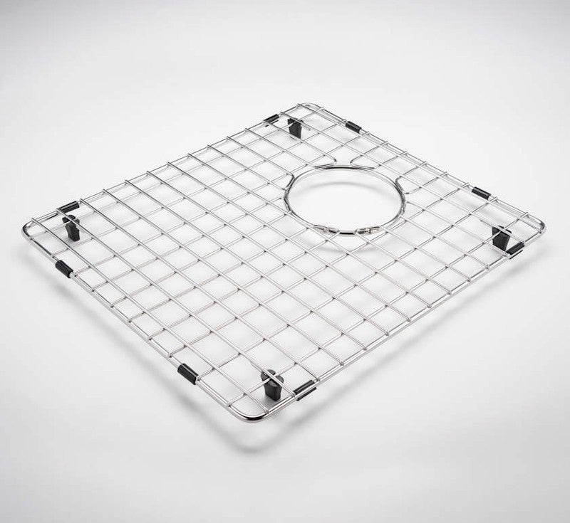 Oliveri Sonetto stainless steel kitchen sink bowl protector grid with circular cut-out, angled view on white background