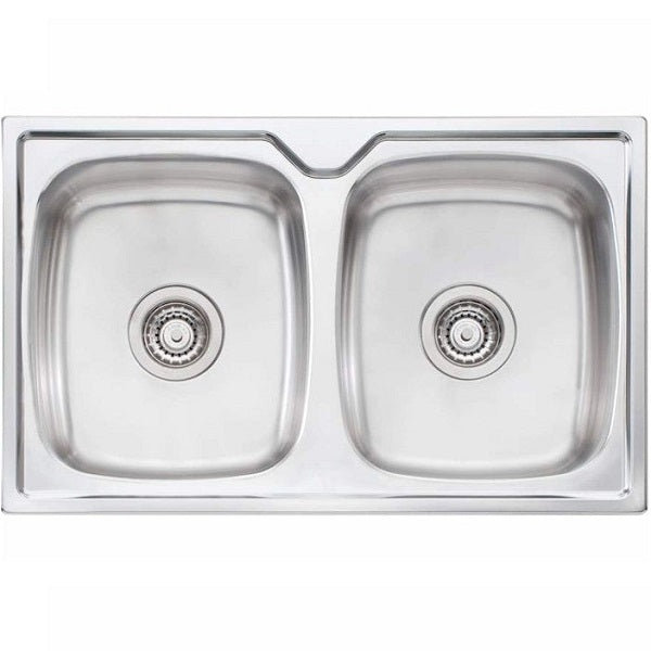 Oliveri Endeavour double bowl stainless steel topmount kitchen sink, front view, with centre waste outlets