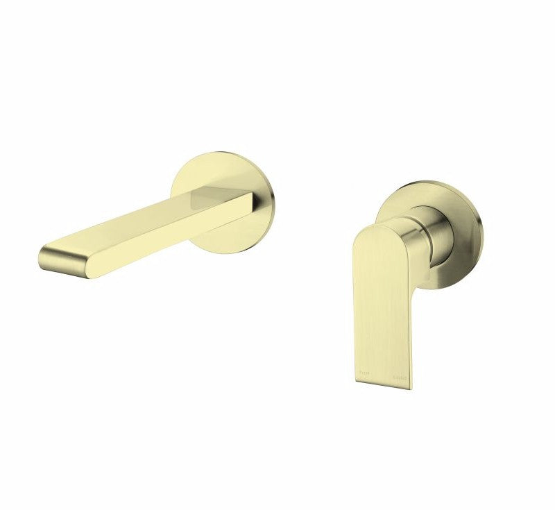Nero Bianca brushed gold wall basin/bath mixer set with round backplates and separate spout, modern wall-mounted tapware