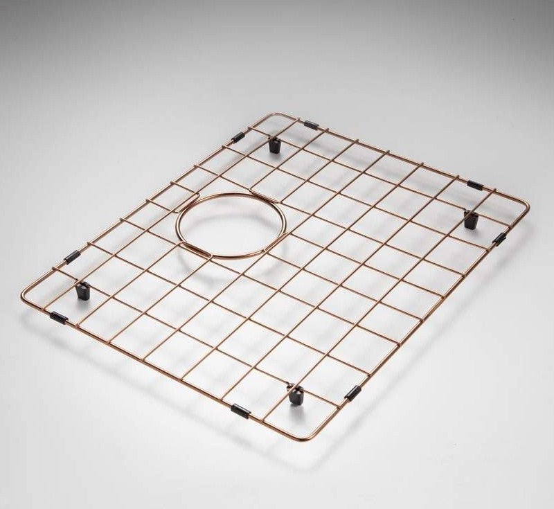 Oliveri Spectra copper bowl protector, rectangular coloured stainless steel grid insert with round drain opening and black feet