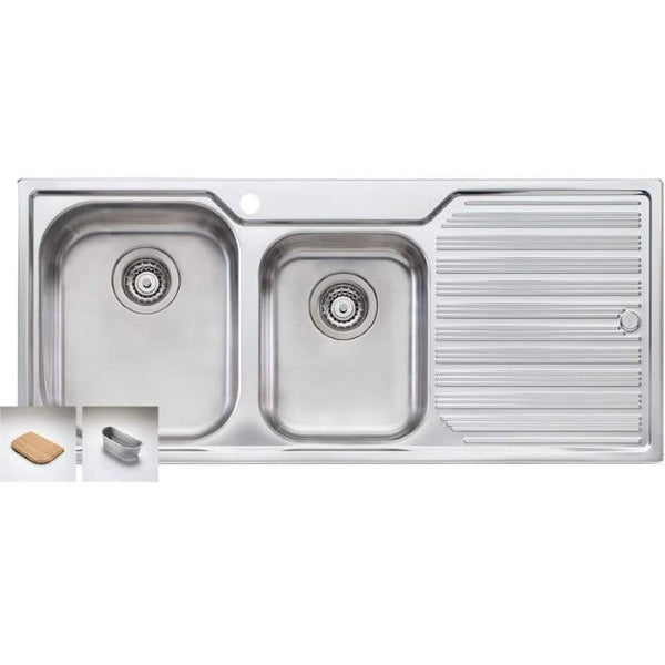 Oliveri stainless steel 1 & 3/4 bowl topmount sink with right-hand drainer, double bowl layout