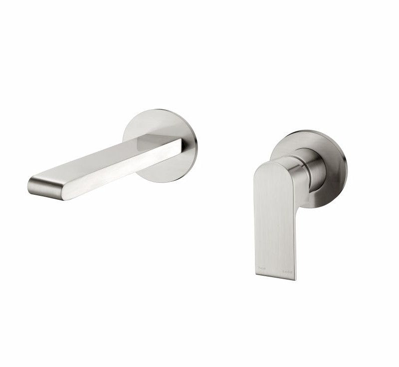 Nero Bianca brushed nickel wall basin/bath mixer set with separate round backplates, shown front on against white background