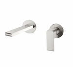 Nero Bianca brushed nickel wall basin/bath mixer set with separate round backplates, shown front on against white background