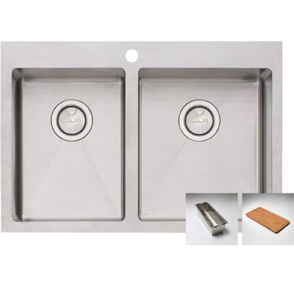 Oliveri Apollo stainless steel 1 & 3/4 bowl kitchen sink with 1 tap hole, colander and bamboo board side insets