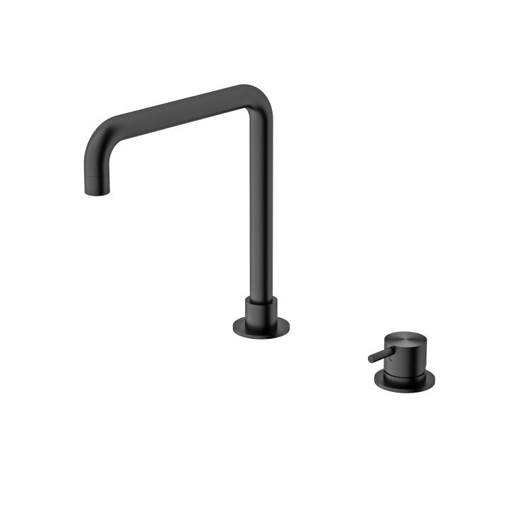 Nero Mecca square hob basin mixer with swivel spout in gun metal, shown with separate round handle control on white background