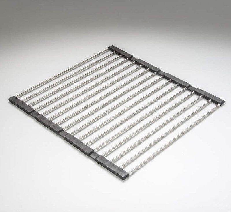 Oliveri Cooking Mate Foldamate stainless steel sink rack with black ends, angled view on white background