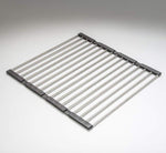 Oliveri Cooking Mate Foldamate stainless steel sink rack with black ends, angled view on white background