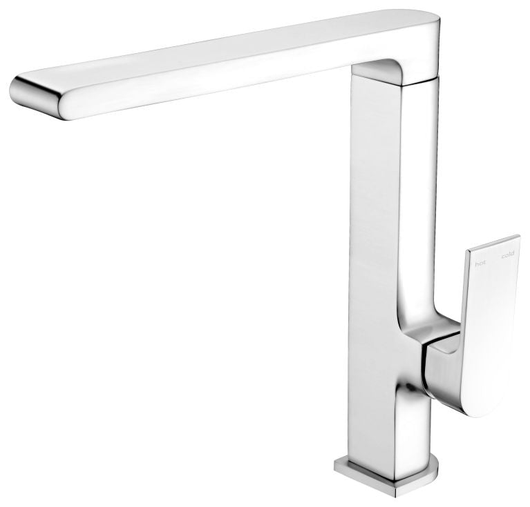 Nero Bianca kitchen mixer tap in chrome, square modern gooseneck design with single lever handle, front view on white background
