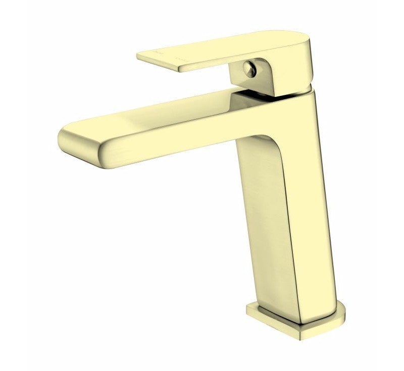 Nero Bianca basin mixer in brushed gold, slimline square design on white background