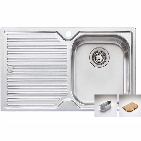 Oliveri stainless steel single bowl topmount sink with left-hand drainer and accessories inset images