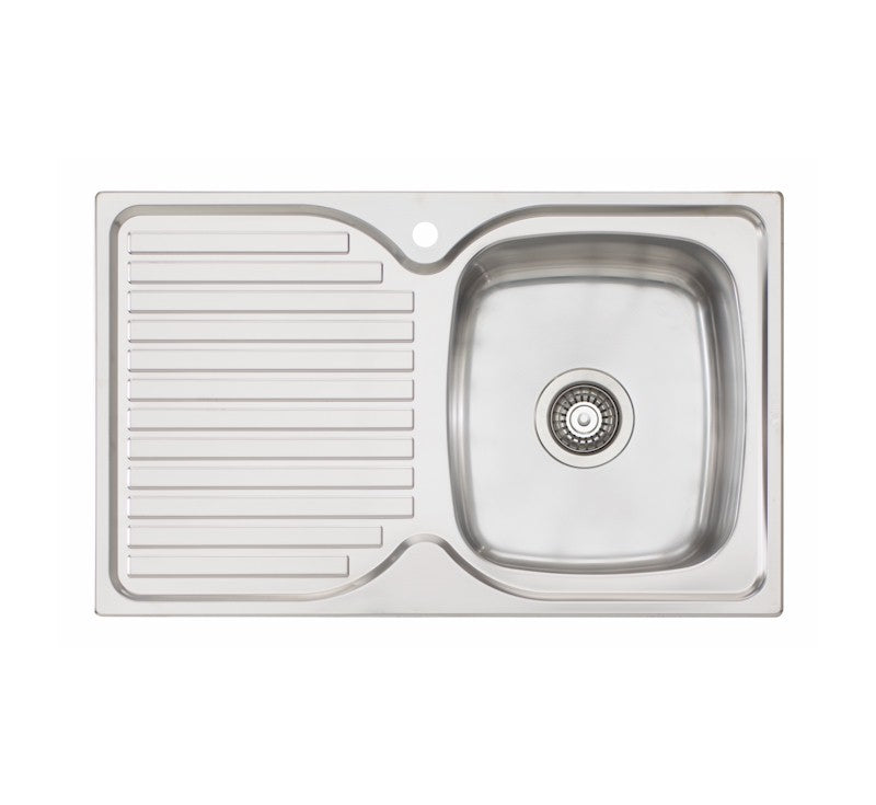 Oliveri stainless steel single bowl topmount kitchen sink with left drainer and 1 tap hole, top view