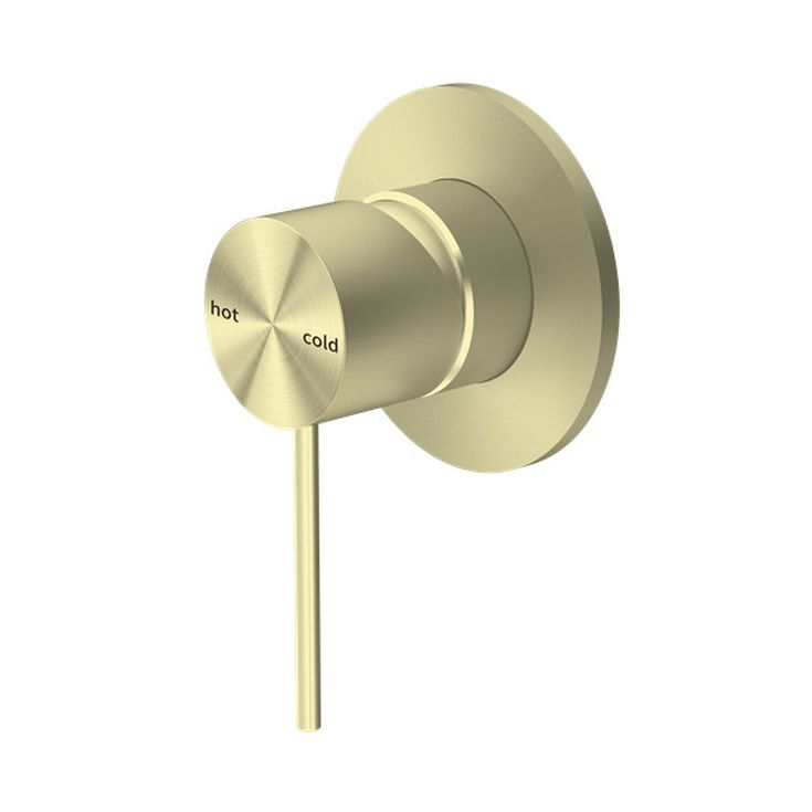 Nero Mecca shower mixer in brushed gold, round wall-mounted tap with lever handle