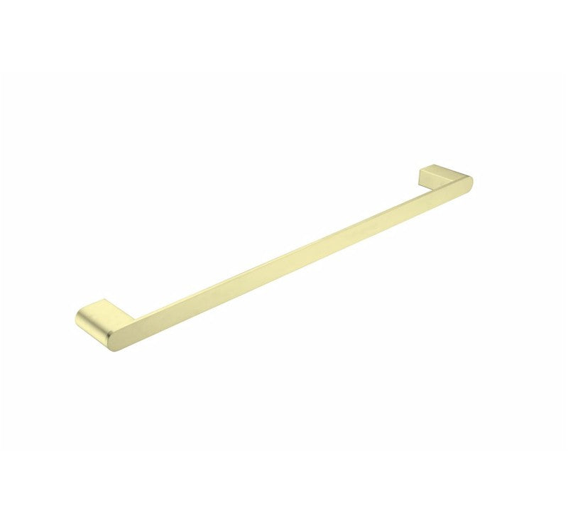 Nero Bianca 600mm single towel rail in brushed gold, slim rectangular wall-mounted bathroom accessory, angled on white background