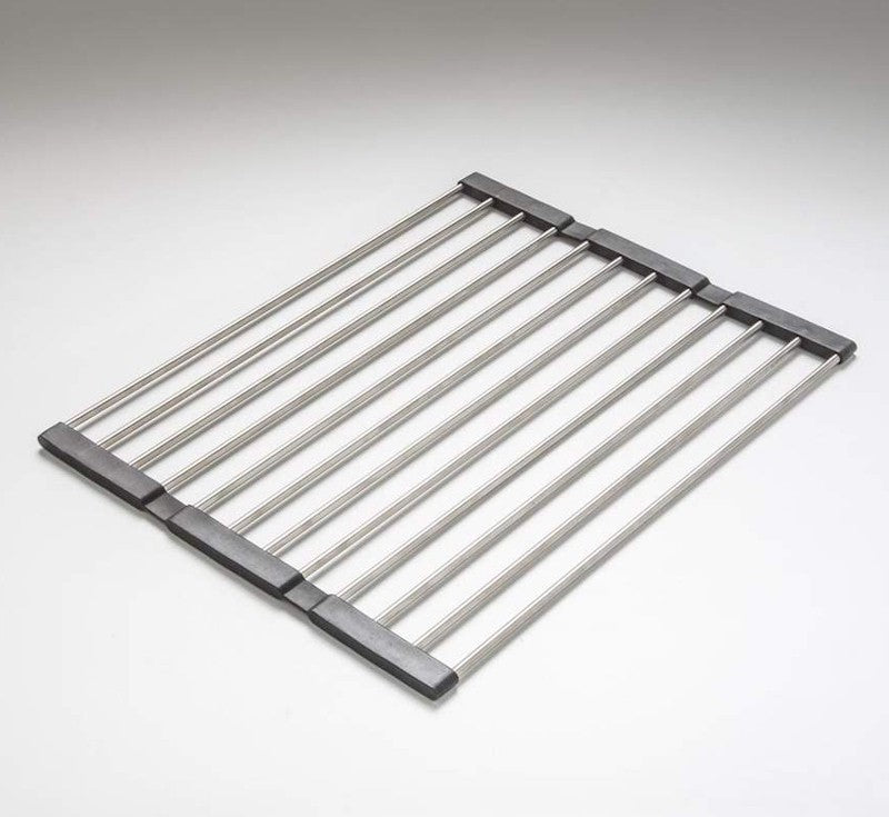 Oliveri stainless steel foldamate sink rack for 480mm sinks, with dark grey ends, angled on white background