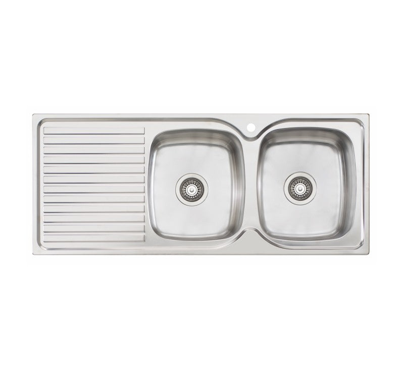 Oliveri stainless steel double bowl topmount sink with left drainer and 1 tap hole, top view