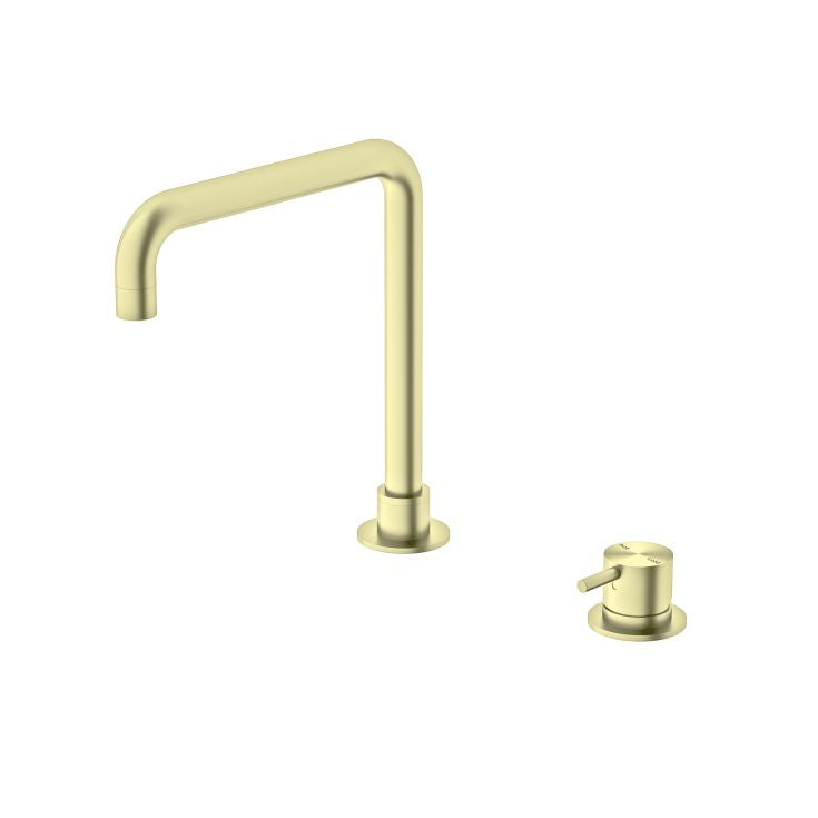 Nero Mecca brushed gold square swivel basin mixer tap with separate lever control on white background