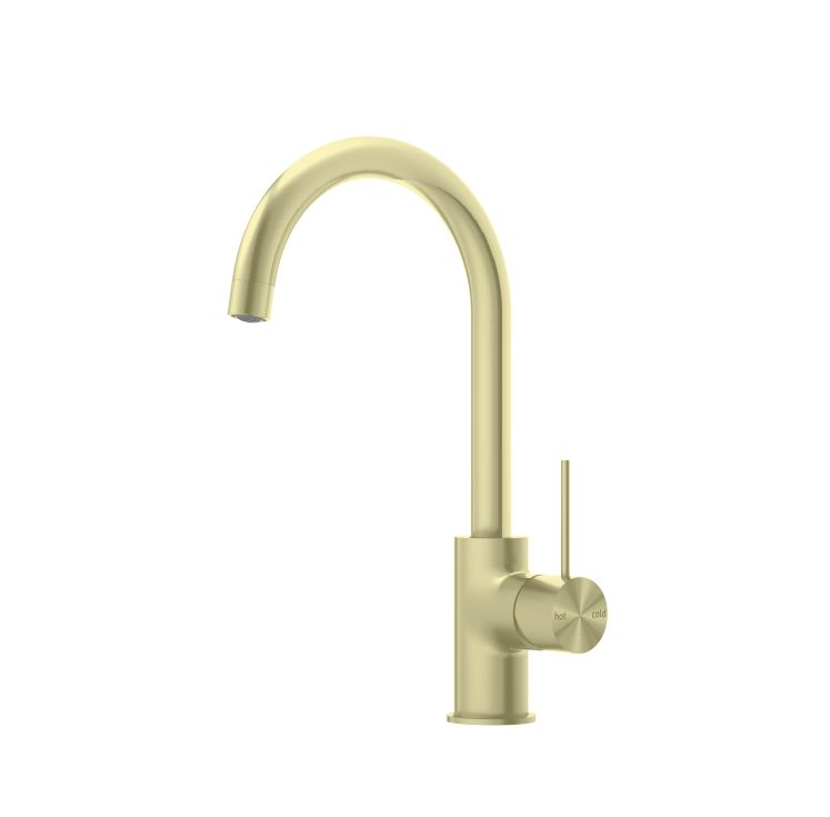 Nero Mecca gooseneck kitchen mixer in brushed gold, side view on white background