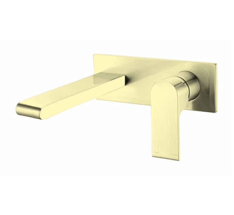 Nero Bianca wall basin/bath mixer in brushed gold, wall-mounted with curved spout and single lever handle