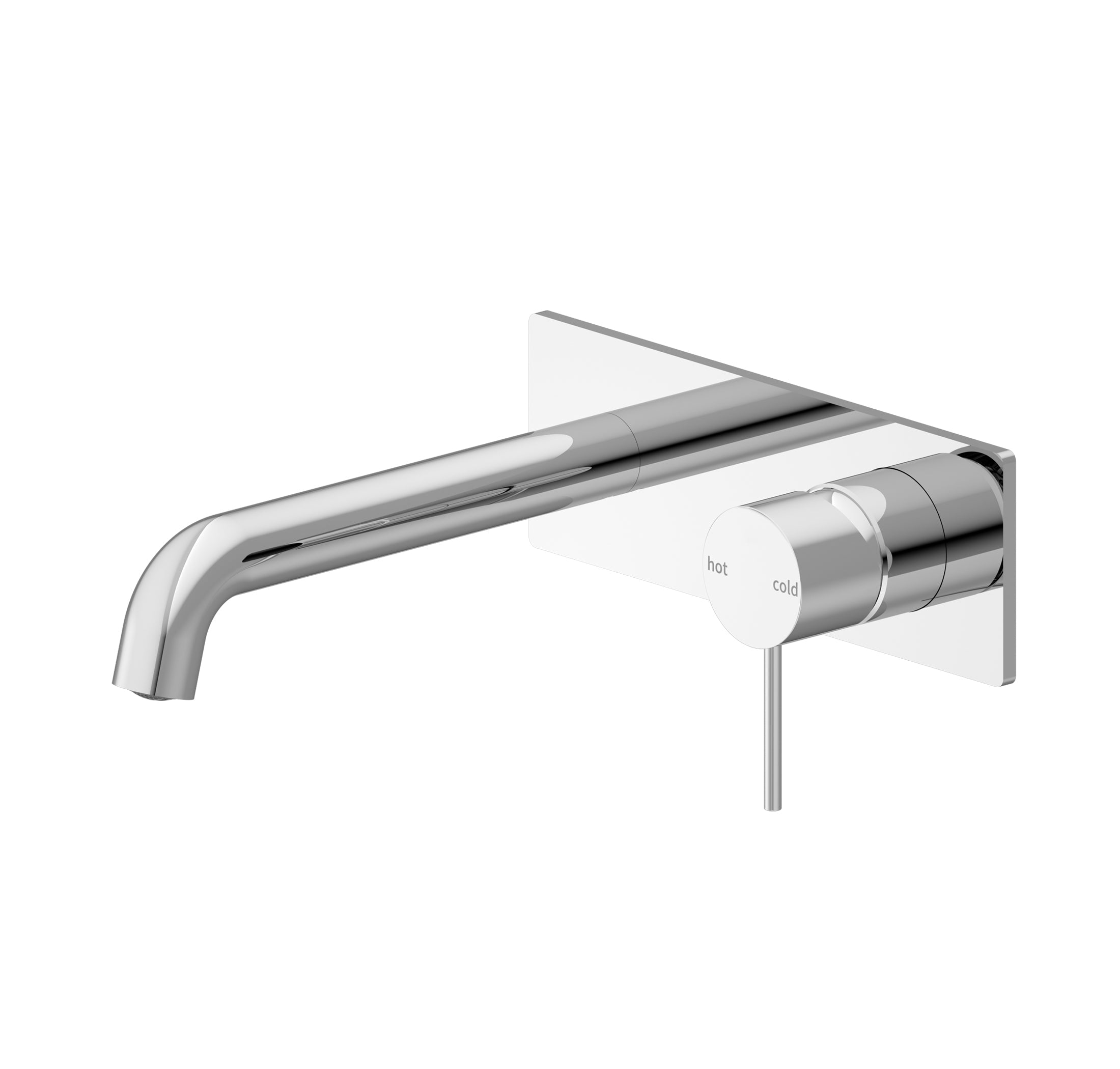 Nero Mecca wall basin/bath mixer in chrome, wall-mounted with long spout and hot/cold control lever on white background