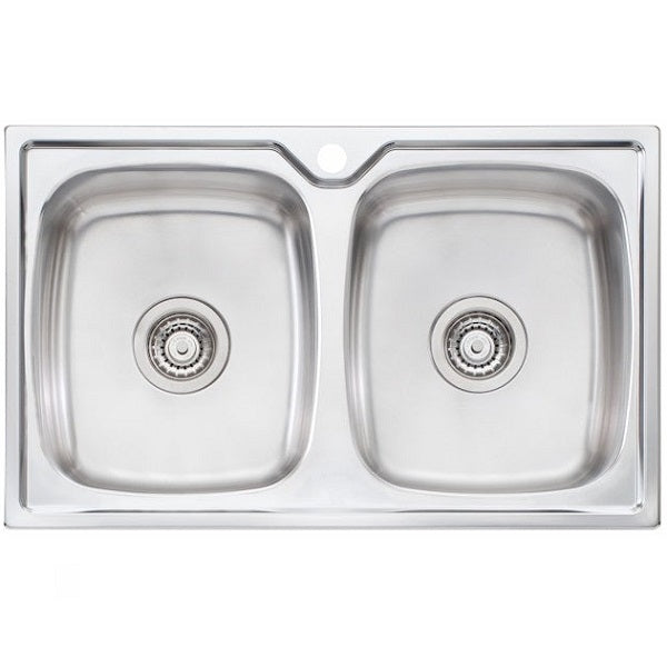 Oliveri Endeavour stainless steel double bowl topmount kitchen sink, rectangular with central mixer hole and wastes