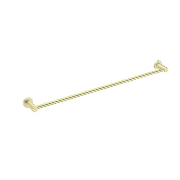 Nero Mecca single towel rail 600mm in brushed gold, slim wall-mounted bathroom accessory on white background