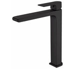 Nero Bianca tall basin mixer in matte black, modern square gooseneck tap for above-counter basins, side view