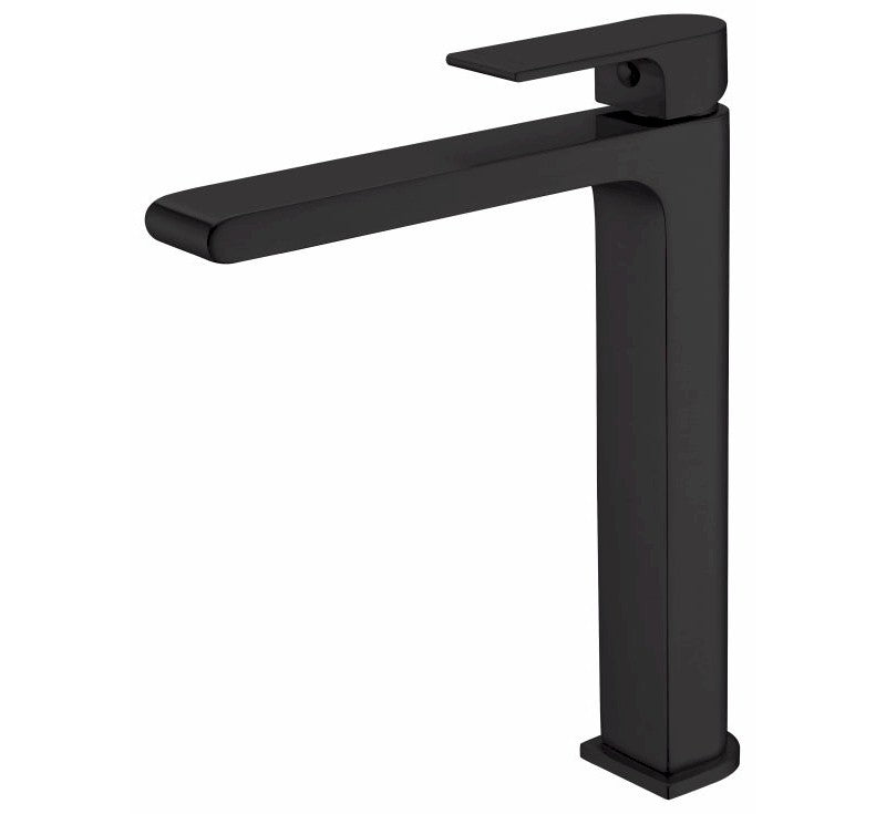 Nero Bianca tall basin mixer in matte black, modern square gooseneck tap for above-counter basins, side view