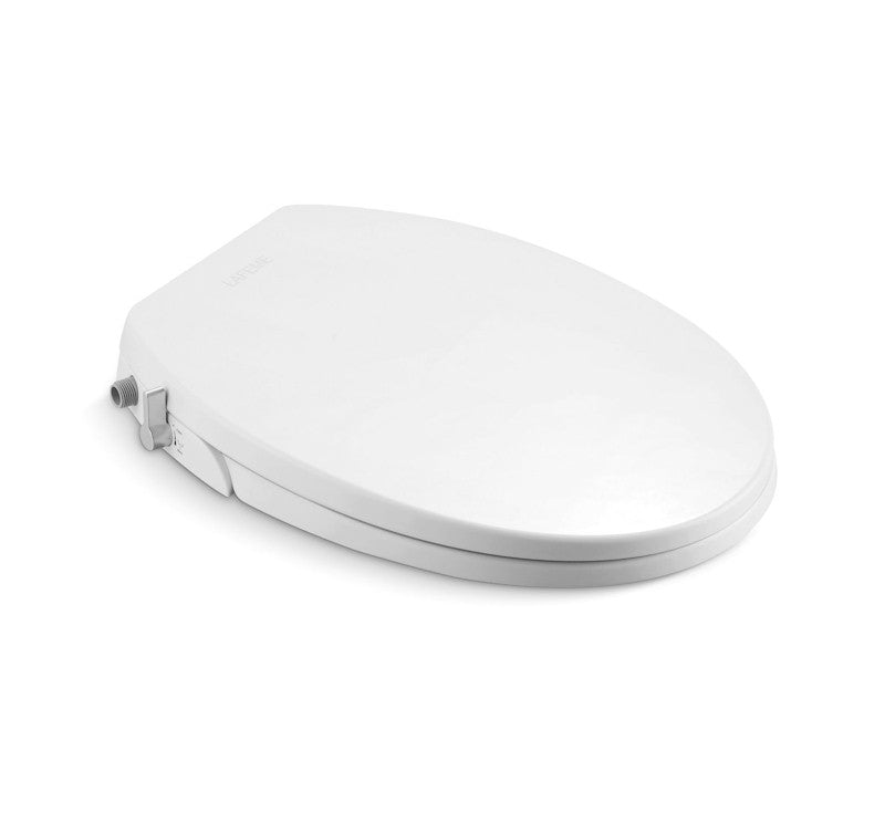 Lafeme Vera white non electric bidet toilet seat, oval close-up view with side control and water inlet connector