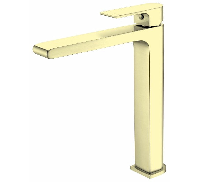Nero Bianca tall basin mixer in brushed gold, sleek square tap with single lever handle on white background