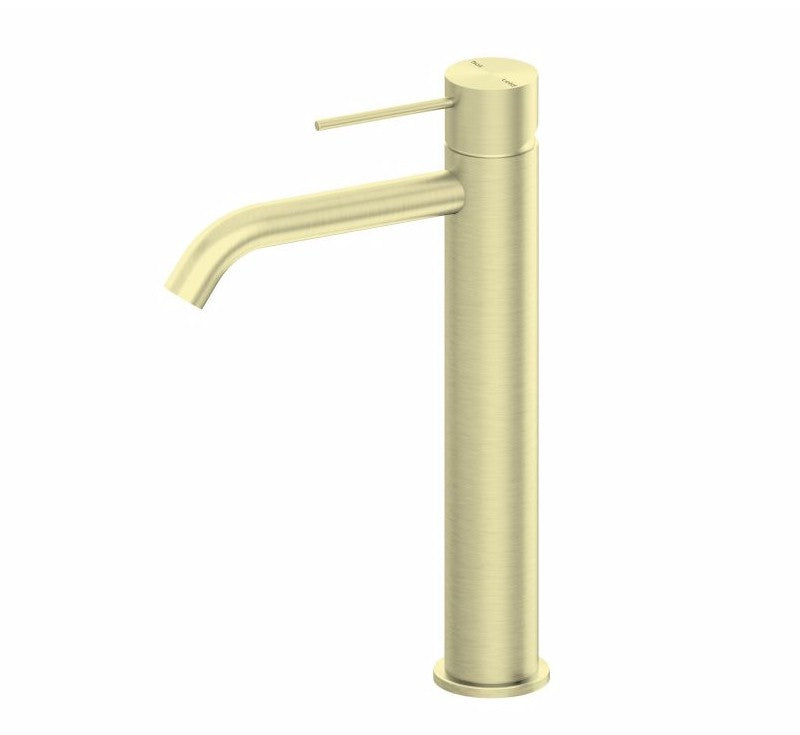Nero Mecca tall basin mixer in brushed gold with slim cylindrical body and curved spout, side view on white background