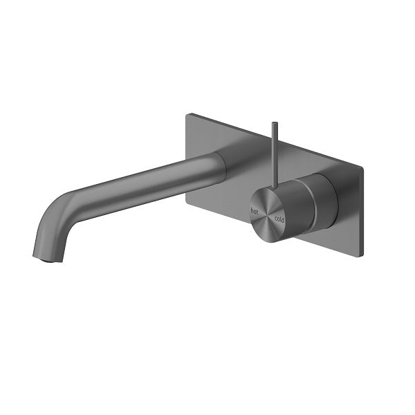 Nero Mecca wall basin/bath mixer, gun metal, 160mm spout, handle-up wall tap on rectangular backplate