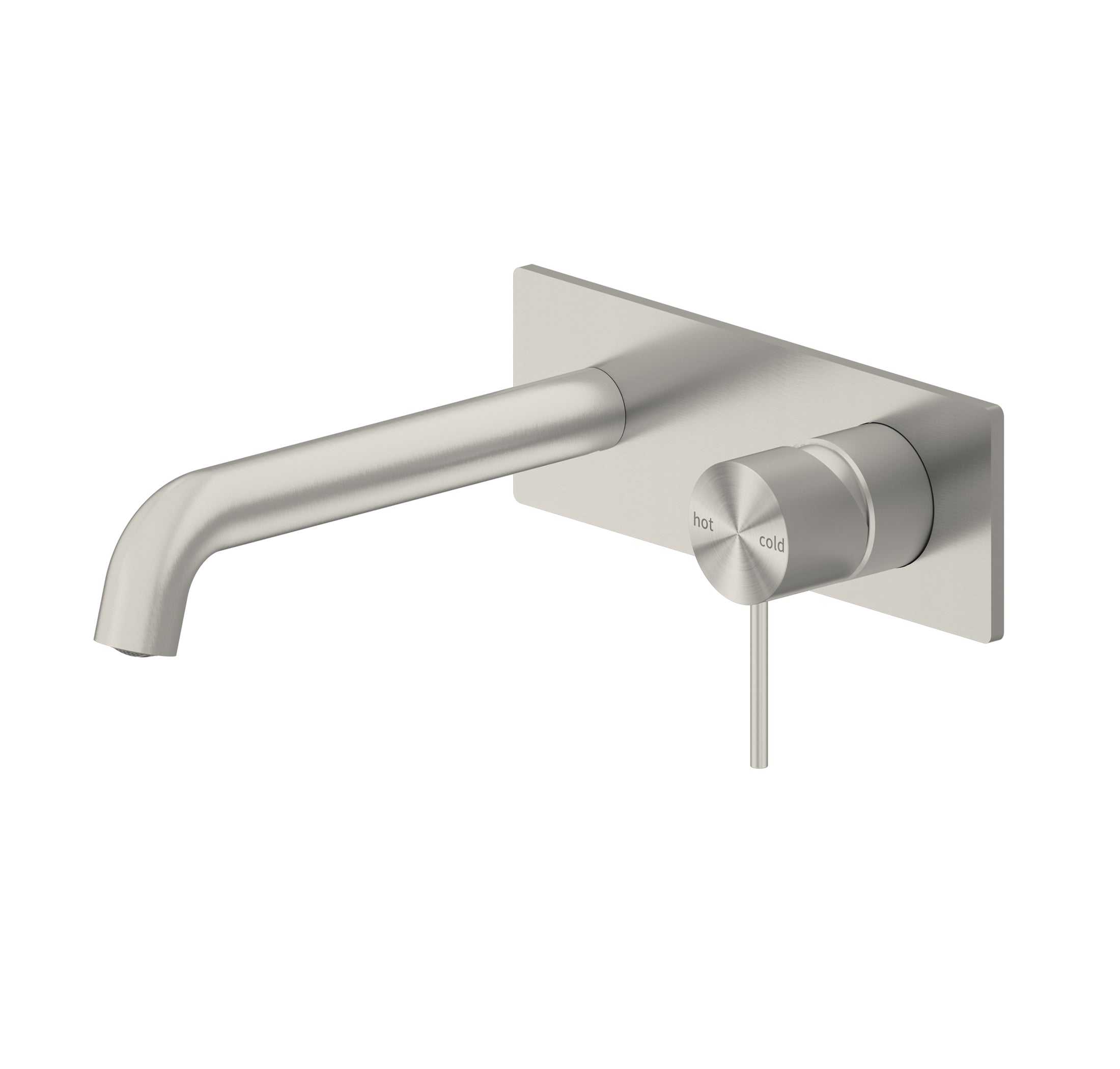 Nero Mecca wall basin/bath mixer in brushed nickel, with square wall plate and slim curved spout, angled view