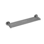 Nero Mecca metal shower shelf in gun metal finish, wall-mounted bathroom storage shelf with rounded brackets