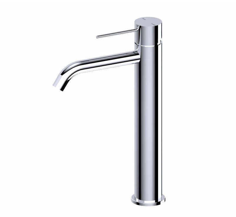 Nero Mecca tall basin mixer tap in chrome, slim cylindrical design with curved spout, side lever, isolated on white