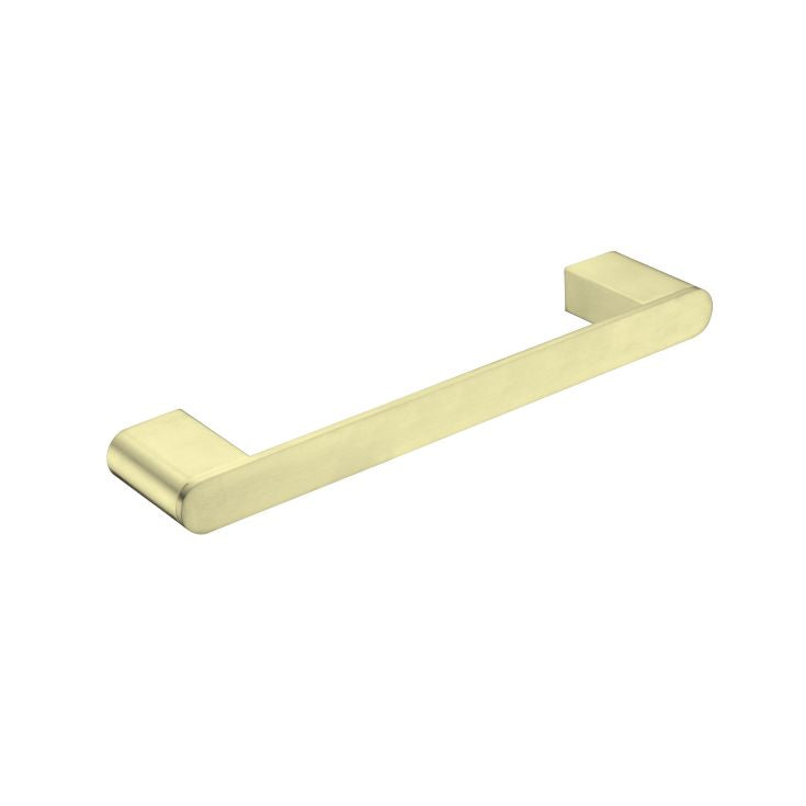 Nero Bianca hand towel rail in brushed gold, slim contemporary wall-mounted bathroom accessory on white background